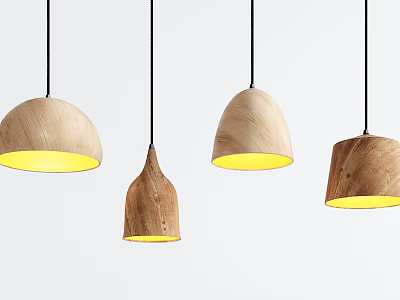 Wooden Pendant Lights with Unique Shapes and Warm Yellow Illumination for Modern Home Decor 3d model