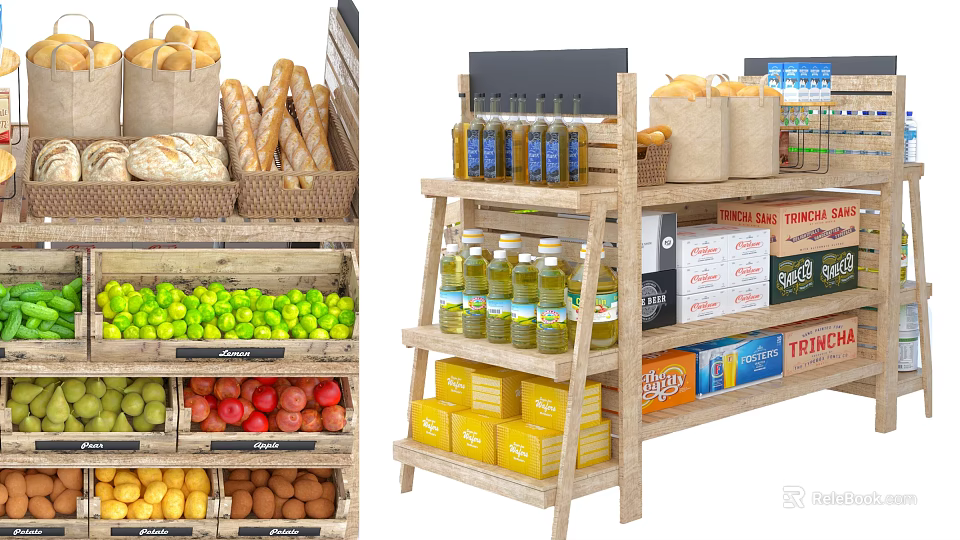 Wooden Multi tiered Retail Display Shelves With Bread Fruits Bottled Oil And Boxed Products 3d model 