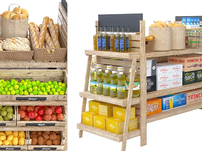 Wooden Multi tiered Retail Display Shelves With Bread Fruits Bottled Oil And Boxed Products 3d model