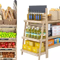 Wooden Multi tiered Retail Display Shelves With Bread Fruits Bottled Oil And Boxed Products