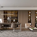 Modern Office Interior Design With Desk Chairs Wooden Bookshelves Sofa And Plant