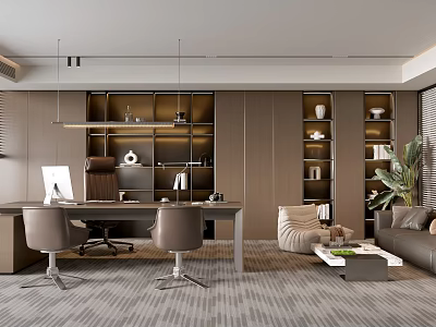 Modern Office Interior Design With Desk Chairs Wooden Bookshelves Sofa And Plant 3d model