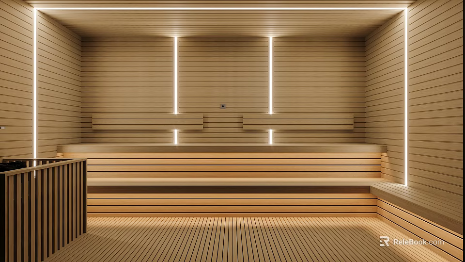 Modern Wooden Sauna Interior With Warm Lighting 3d model 