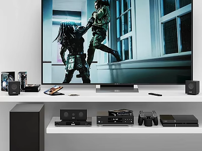 Large Screen Smart TV Showing Action Scene With Gaming Consoles And Sound System 3d model