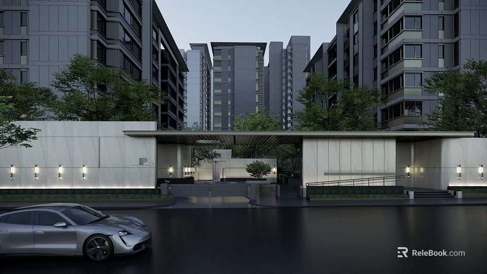 Modern Residential Garden Landscape With High Rise Buildings Green Plants And Entrance Driveway 3d model 