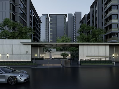 Modern Residential Garden Landscape With High Rise Buildings Green Plants And Entrance Driveway 3d model