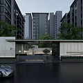 Modern Residential Garden Landscape With High Rise Buildings Green Plants And Entrance Driveway