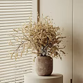 Dried Flowers Arrangement In Ceramic Vase On White Round Table With White Blinds Background