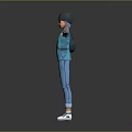 Child in Blue Outfit With Hat Backpack and Arms Outstretched