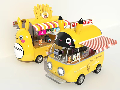 Yellow Commercial Food Trucks With Cartoon Character Design For Snacks Ice Cream And Fries 3d model