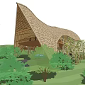 Wavy Roof Pergola Design With Natural Materials And Surrounding Lush Greenery