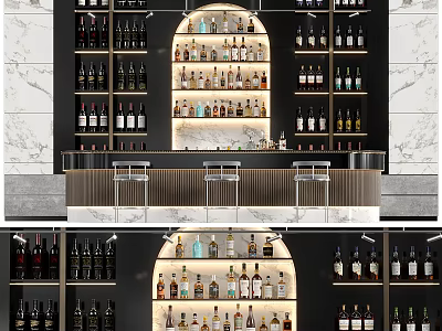 Elegant Modern Bar Interior Featuring Wine Racks Bottles Marble Counter And Stools 3d model