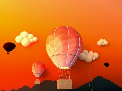 Scenic Photo Check in Spot With Hot Air Balloons Orange Sky Clouds And Mountains 3d model