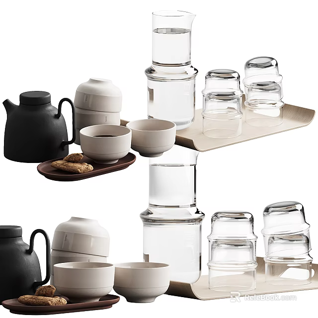 Modern Stylish Tea Set With Ceramic Glass Teapot Cups And Wooden Tray 3d model 