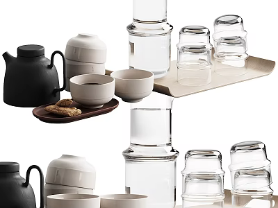 Modern Stylish Tea Set With Ceramic Glass Teapot Cups And Wooden Tray 3d model