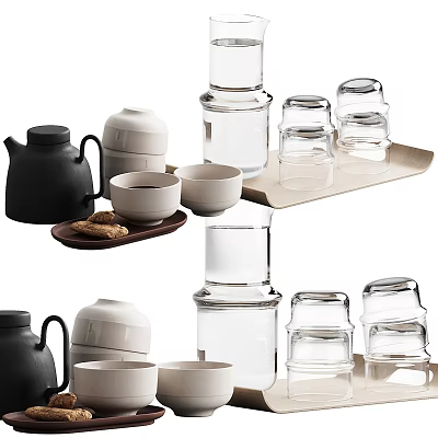 Modern Stylish Tea Set With Ceramic Glass Teapot Cups And Wooden Tray 3d model