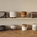 Modern Designed Stools with Various Colors and Materials on Shelf and Floor 3d model