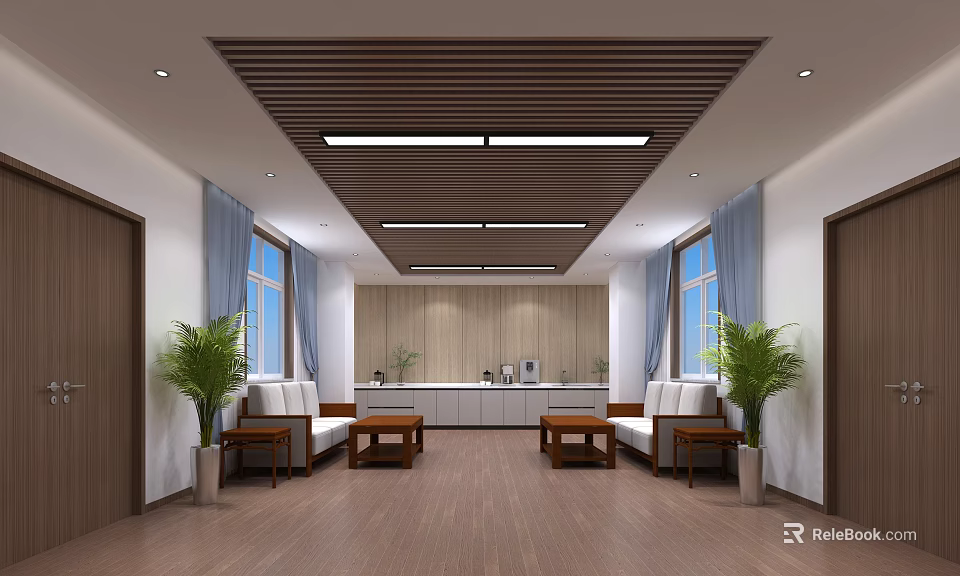 Modern Waiting Room Interior With Wooden Flooring Blue Curtains Green Plants Sofas And Coffee Tables 3d model 