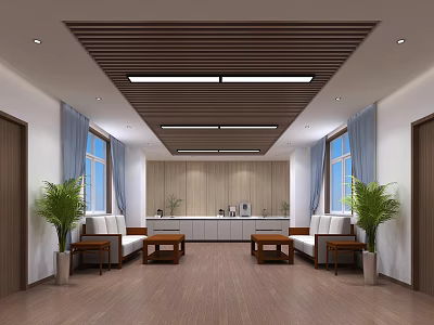 Modern Waiting Room Interior With Wooden Flooring Blue Curtains Green Plants Sofas And Coffee Tables 3d model