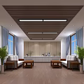 Modern Waiting Room Interior With Wooden Flooring Blue Curtains Green Plants Sofas And Coffee Tables