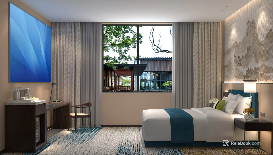 Modern Hotel Guest Room With Large Screen TV Window Greenery View Comfortable Bed Desk And Chair 3d model 