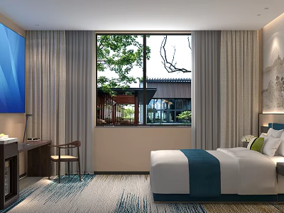 Modern Hotel Guest Room With Large Screen TV Window Greenery View Comfortable Bed Desk And Chair 3d model