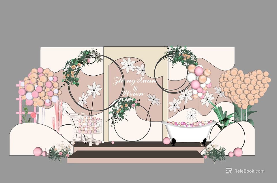Floral Display Decoration With Pink Beige Balloons Circular Wreaths Green Plants And Bathtub Elements 3d model 