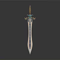 Ornate Decorative Sword With Golden Hilt Cross Shaped Pommel Gemstone Inlays And Engraved Blade