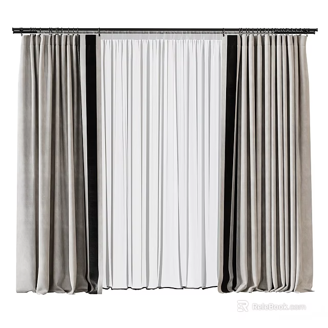 Gray Velvet Curtains With Sheer Layers For Modern Living Room Windows 3d model 