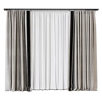 Gray Velvet Curtains With Sheer Layers For Modern Living Room Windows 3d model