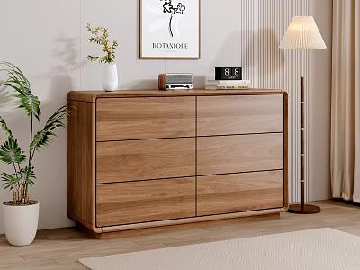 Walnut Wooden Chest of Drawers with Potted Plant Floor Lamp and Decorative Painting 3d model