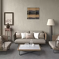Modern Living Room Interior With Sofa Rattan Chairs Coffee Table Decorative Painting And Floor Lamp