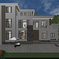 Modern Detached Villa With Large Windows Stone Path Lawn And Greenery In Front Yard