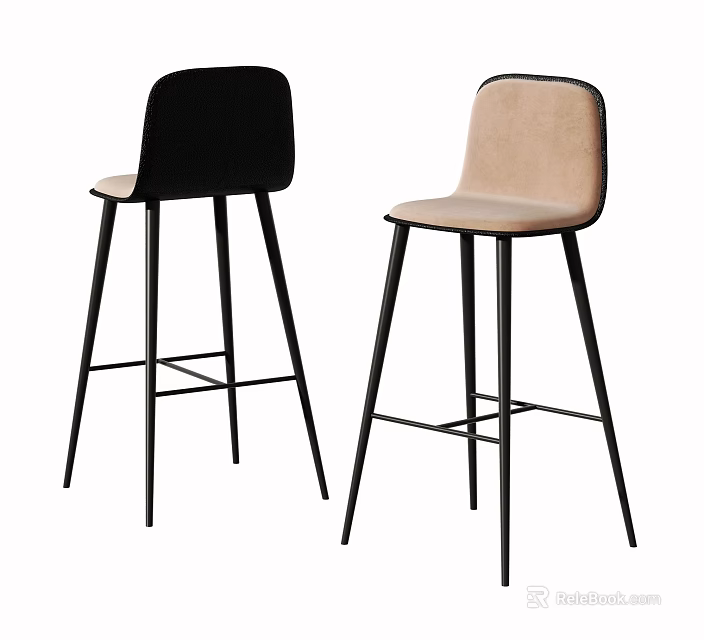 Black and Beige Modern Bar Stools with Curved Backrest and Slim Metal Legs 3d model 