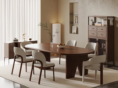 Wooden Oval Dining Table Set with Six White Upholstered Chairs and Beige Wall Decorative Cabinet 3d model