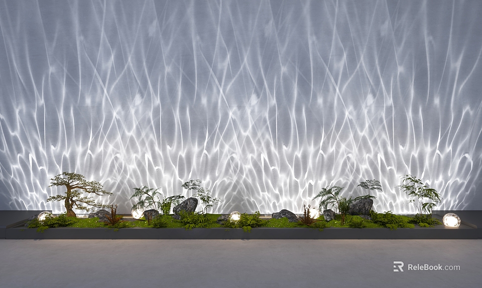 Decorative Lighting Creating Wavy Light Patterns on Grey Wall with Green Plants and Stones 3d model 