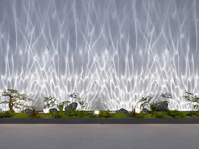 Decorative Lighting Creating Wavy Light Patterns on Grey Wall with Green Plants and Stones 3d model