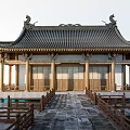 Ancient Chinese Architecture Featuring Black Tile Roof Golden Decorations And Wooden Railings