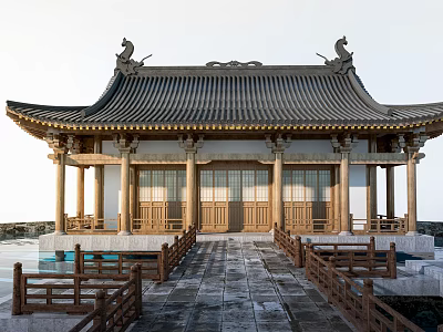 Ancient Chinese Architecture Featuring Black Tile Roof Golden Decorations And Wooden Railings 3d model