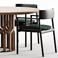Modern Dining Table Set With Wooden Tabletop Chairs Green Cushions Black Frames Geometric Leg Design