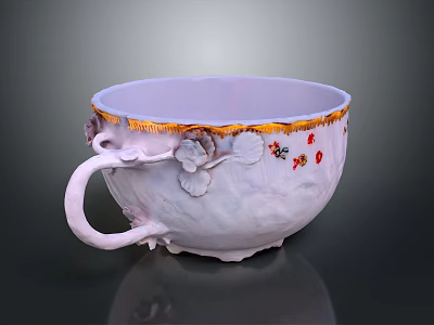 White Ceramic Cup With Lavender Rim Gold Trim Peony Patterns And Red Accents 3d model