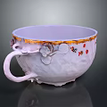 White Ceramic Cup With Lavender Rim Gold Trim Peony Patterns And Red Accents