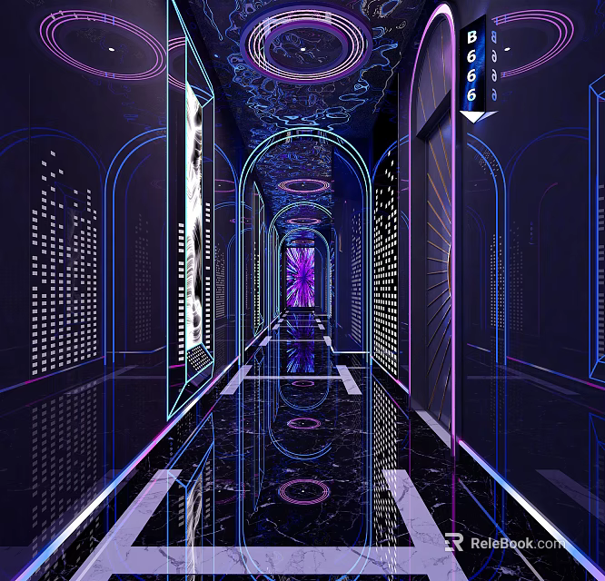 KTV Corridor Featuring Neon Lights Arched Design Reflective Floor And Number Sign 3d model 
