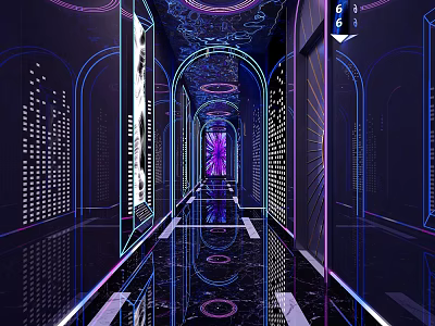 KTV Corridor Featuring Neon Lights Arched Design Reflective Floor And Number Sign 3d model
