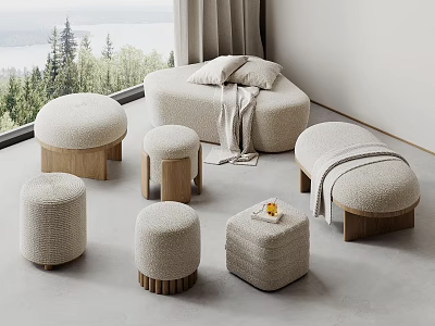 Plush Knitted Stools With Wooden Legs Various Designs In Modern Living Space With Natural View 3d model