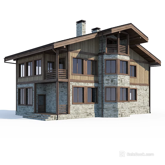 Single Family House With Wooden Stone Exterior Two Story Design Balconies And Windows 3d model 
