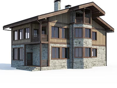 Single Family House With Wooden Stone Exterior Two Story Design Balconies And Windows 3d model