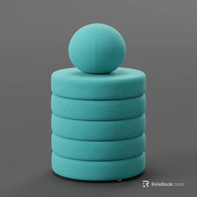 Teal Round Stacked Sofa Stool With Soft Upholstered Layers And Top Sphere 3d model 