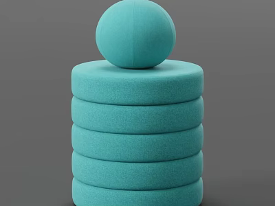 Teal Round Stacked Sofa Stool With Soft Upholstered Layers And Top Sphere 3d model