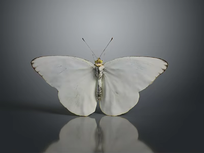Elegant White Butterfly With Delicate Wings And Reflection On Gray Background 3d model